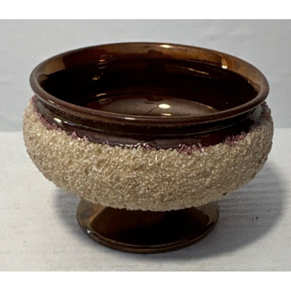 Vintage Ceramic Pedestal Bowl With Textured Ivory & Brown Glaze Finish
